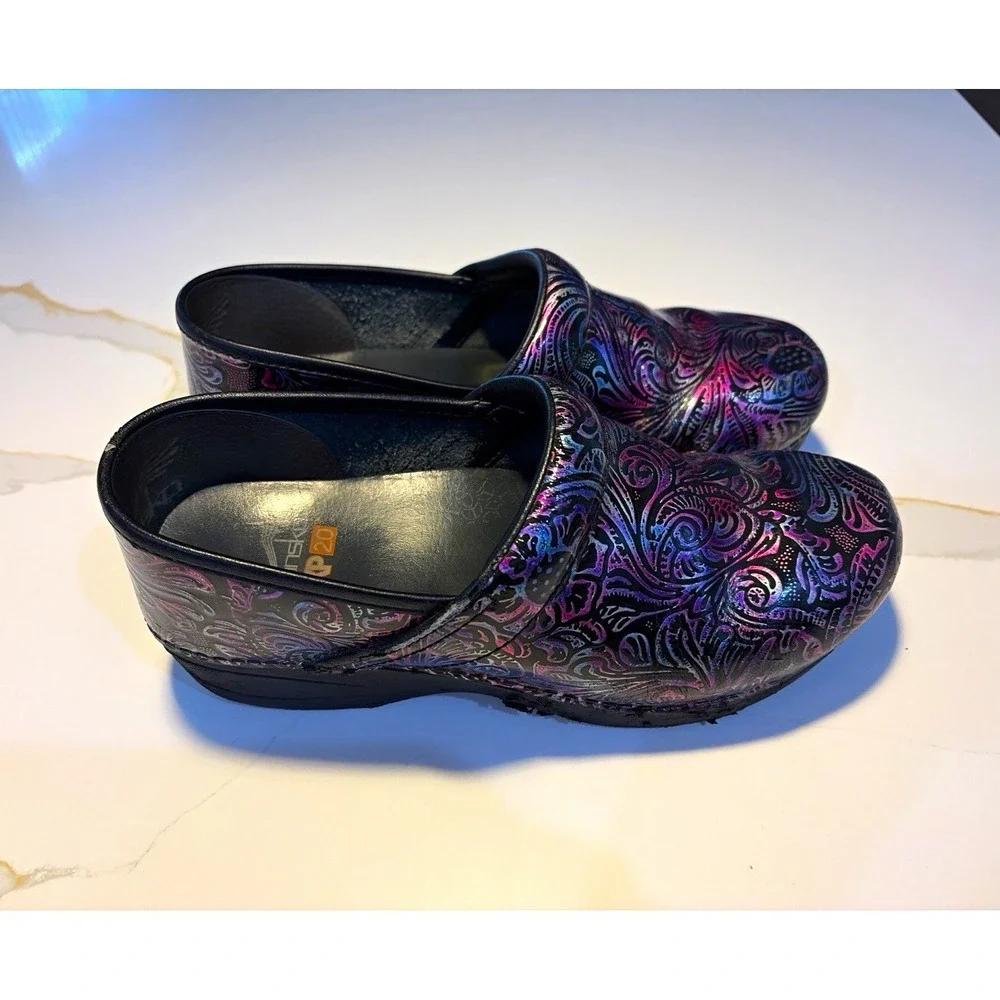 Dansko XP 2.0 Women's Leather Clog Floral Slip-On Black Purple Mid Heel